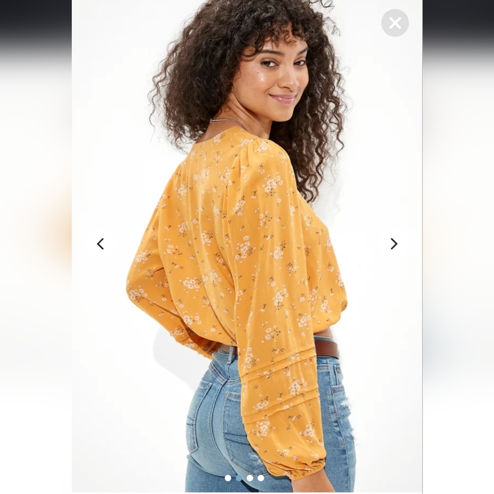 American Eagle Outfitters Yellow Floral Wrap Blouse, Medium - Picture 8 of 8
